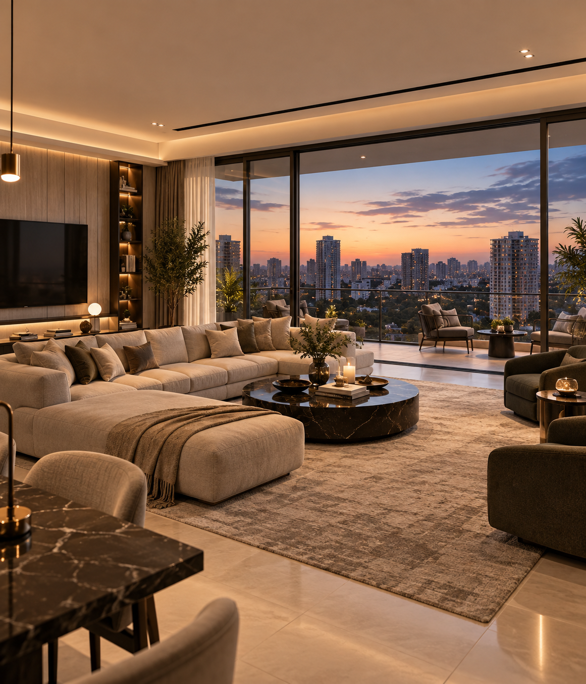 Luxury living room with sunset city view